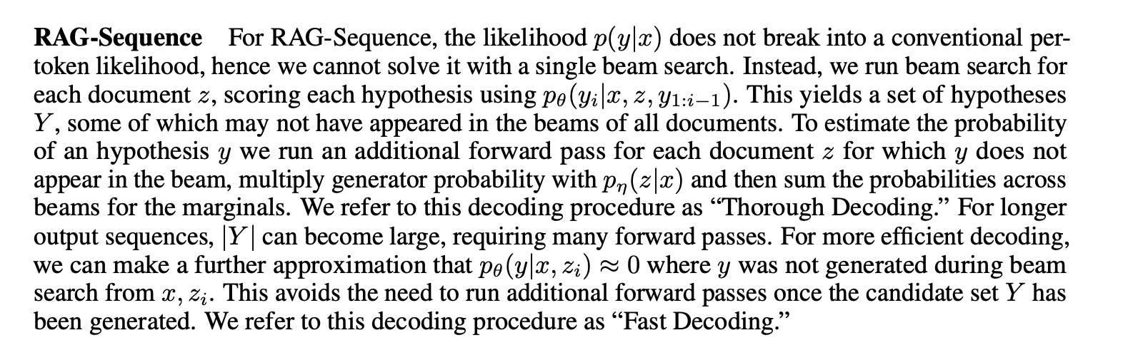 Thorough versus fast decoding for RAG-Sequence
