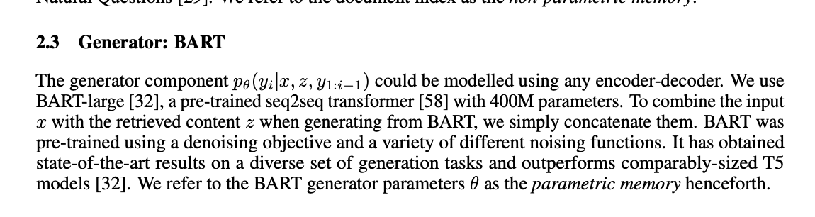 The generator is BART; θ is the parametric memory