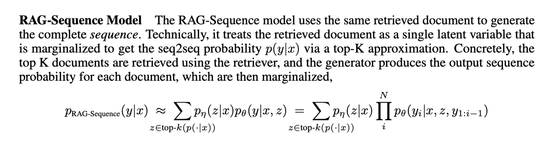 RAG-Sequence: one z for the whole y, then a sum over the top-k