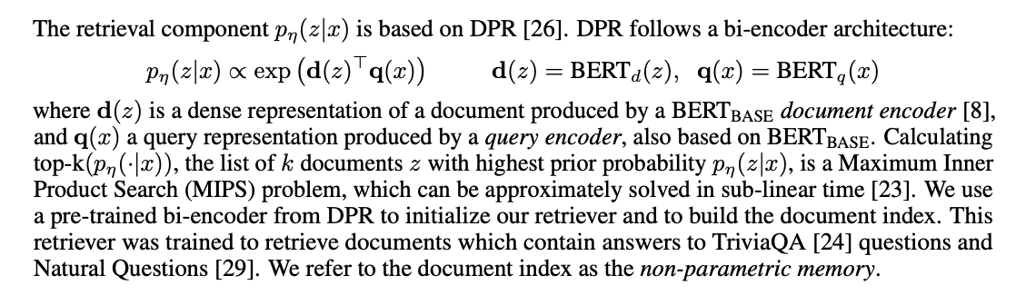 DPR: two BERTs, an inner product, a softmax over the corpus