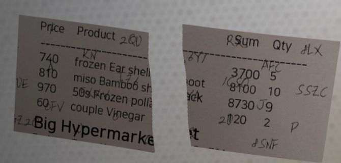 An example Naver receipt CAPTCHA: two torn receipt strips at an angle over a textured background, with handwritten letters scattered over the text.